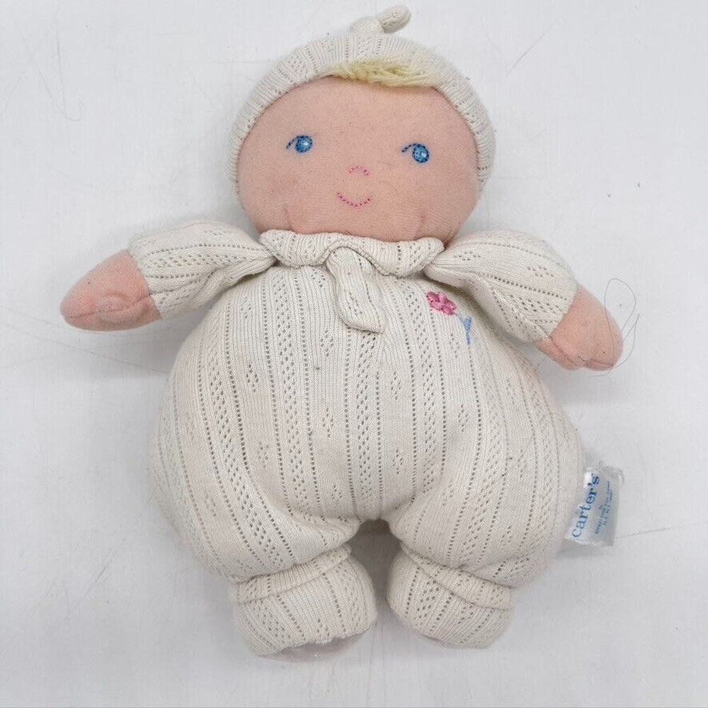VINTAGE White Carter's Prestige Toy Blonde Blue Eyes Plush Baby Girl Doll Rattle